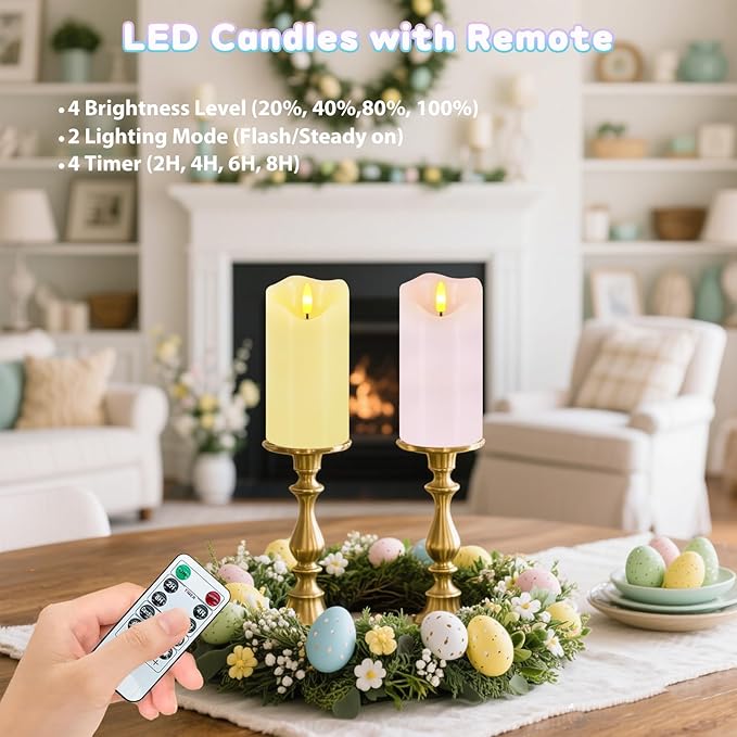 Flameless Candles Light, Set of 2 6"x3" Flickering Pastel Spring LED Candles with Remote & Timer, Dimmable Real Wax Easter Pillar Candles Battery Operated for Home Spring Easter Decor (Pink Yellow)