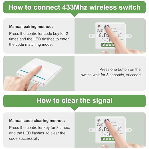RGBZONE Wireless Light Switch and Receiver Kit, 100FT RF Range Remote Control, No Rewiring, AC85-240V Quick Create or Relocate On/Off Switches for Lamps (White)