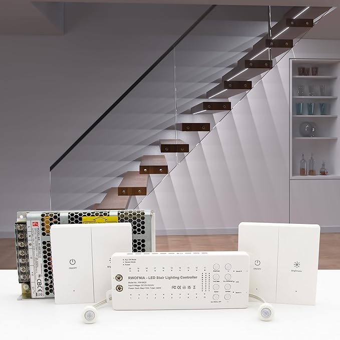 Wall Switch Control And Motion Sensor LED Stair Lighting Kit RW-5620, 40 Inches Long Cuttable LED Light for Indoor LED Stair Lights (Cool White 6000K, 16 Stairs)