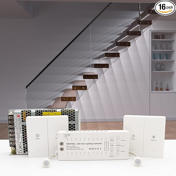Wall Switch Control and Motion Sensor LED Stair Lighting Kit RW-5620, 60 Inches Long Cuttable LED Light for Indoor LED Stair Lights (Cool White 6000K, 16 Stairs)