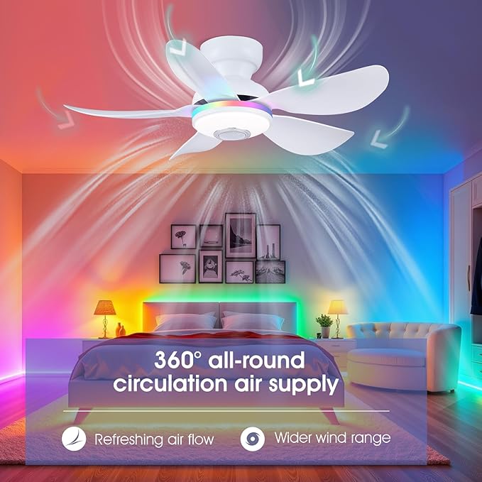 36 Inch White Ceiling Fan with Light, 5 Blades Flush Mount Fan with RGB & 3 CCT Dimmable Light, APP & Remote Control, Built-in Speaker, Reversible, 6 Speeds for Bedroom Living Room