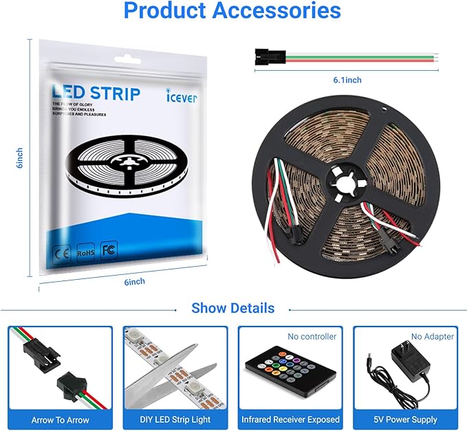 16.4FT WS2812B 5V LED Strip Lights 150 Individual Addressable RGB IC 5050SMD LEDs - Flexible White PCB IP30-30LEDs/m MagicRGB Dream Color for DIY Chasing Color Project (No Power Supply & Controller)