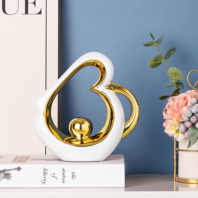 Gold Sculpture Coffee Table Decor, Dining Room Table Centerpieces, Ceramic Statue Abstract Sculptures Home Decorations, Modern Art Heart Shape Mantle Decor for Living Room