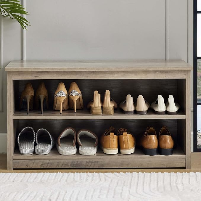 Farmhouse Storage Bench with 2-Tier Open Shelf, Shoe Bench with Cushion for Entryway, Mudroom, Hallway, Living Room & Bedroom Organization, Grey