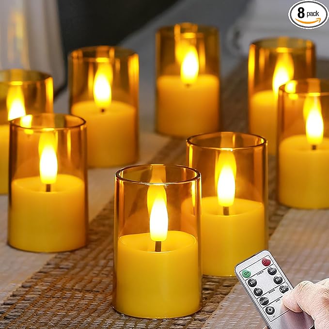 Flameless Small Tea Light LED Candles, Acrylic Battery Operated Votive 1.7" x2.5" with Remote Control and Timer, Tealight Amber Flickering Warm Light Pack of 8 Electric Long Lasting