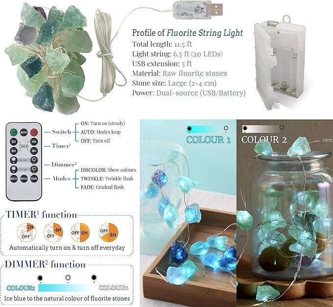 Natural Fluorite LED String Lights for Bedroom 6.5 FT USB/Battery Operated Blue Fairy Lights Sea Glass Crystal Decor Perfect Decorative Light for Bedroom Sea Glass Christmas Tree Kit