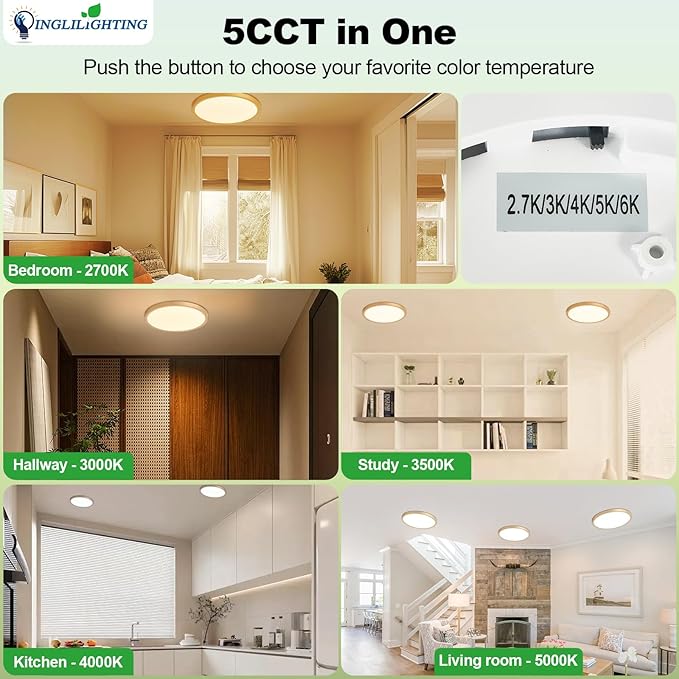 LED Flush Mount Ceiling Light: 12 inch 1Pack Super Slim Dimmable & 5CCT (2700-6500K) Kitchen Lighting Fixtures Ceiling - 24W Gold Low Profile Ceiling Lamp for Bedroom Garage Hallway