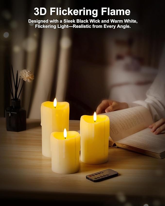 Ivory Flameless Candles with Remote and Timer, Real Wax Made Wax Drip LED Pillar Candles Battery Operated with 3D Flickering Flame Melted Top - 3" x 4",5",6" - Set of 3