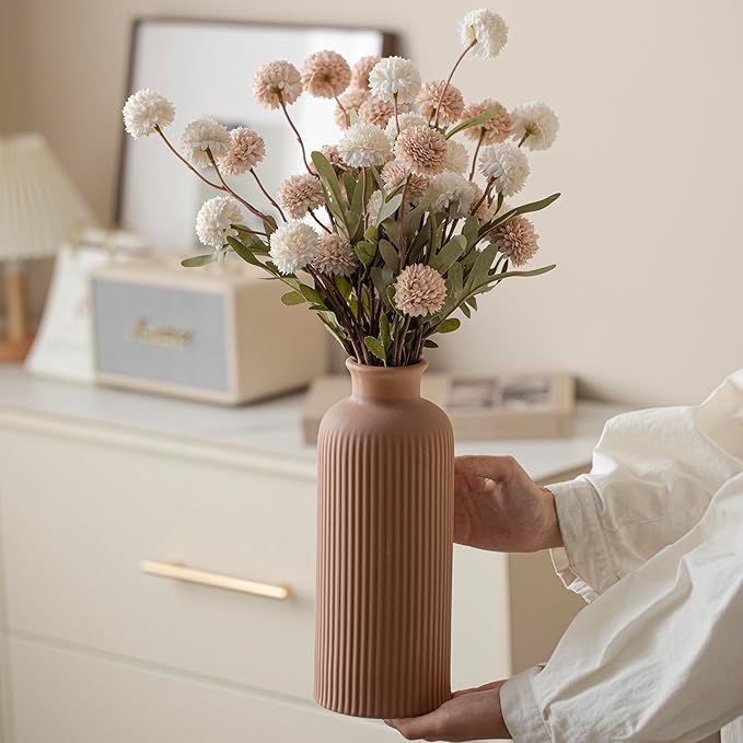 Large Modern Ceramic Vase Set, Coffee Ribbed Matte Design, 3-Piece Decorative Vases for Home, Living Room, Office (XL Coffee Mix)