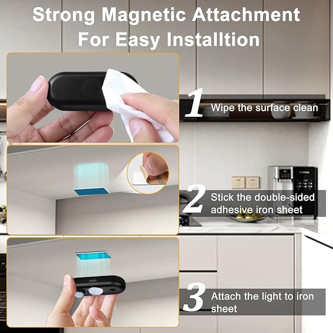 LED Motion Sensor Puck Lights, Rechargeable Under Cabinet Lighting, Dimmable Closet Lights, Magnetic Night Light, Wireless Under Counter Lights for Kitchen, Stairs, Hallway, Warm White, 4Pack, Black