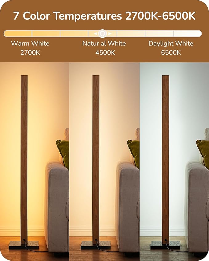 EDISHINE Mid Century Modern Floor Lamp with Remote, Dimmable Wood LED Corner Lamp, Minimalist Standing Mood Lighting for Living Room, Bedroom, Office, 7 Color Temperature 2700K~6000K, 48.43"