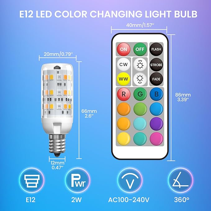 E12 Color Changing LED Light Bulb with Remote Control 2W E12 Chandelier Light Bulb Multicolor RGB/3000K/6000K/Dimmable Candelabra Base Color Light Bulbs 3Modes Memory Function-2Pack