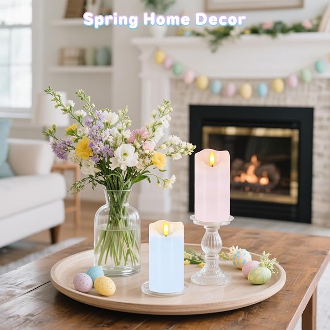 Flameless Candles Light, Set of 2 6"x3" Flickering Pastel Spring LED Candles with Remote & Timer, Dimmable Real Wax Easter Pillar Candles Battery Operated for Home Spring Easter Decor (Pink Blue)