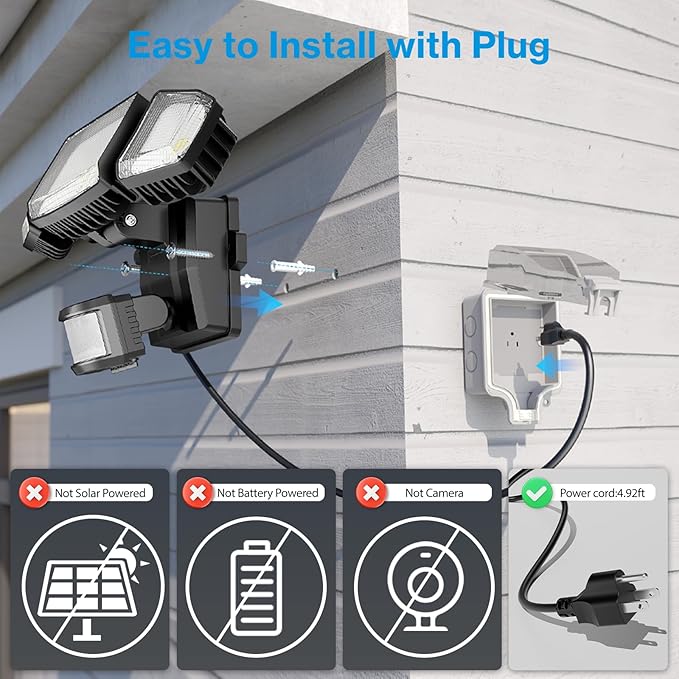 Olafus 70W Motion Sensor Outdoor Light Plug in, Motion Flood Light Dusk to Dawn, 7000LM LED Security Light IP65 Waterproof, Motion Activated 6500K PIR Sensor Lighting for Garage Yard Patio Eave, Black