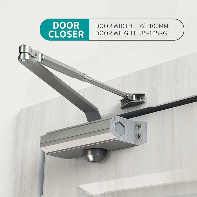 Automatic Door Closer Heavy Duty Fire Prevention Spring Hydraulic Aluminum Alloy Surface Mounted Residential Commerical Door Closer (Silver, Size3-Door Weights 187-231 Lbs)