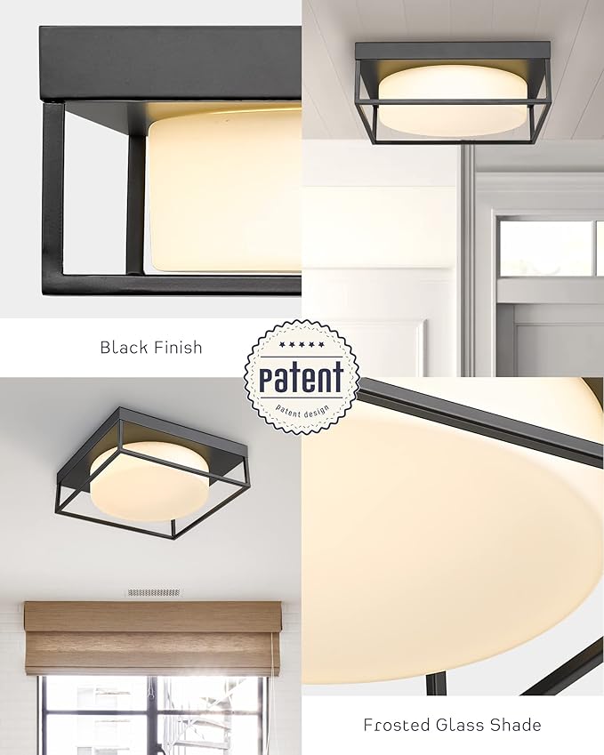 CALDION Flush Mount LED Ceiling Light Fixture, 12 Inch 24W 950Lumen Round Ceiling Light Fixtures, Dimmable 3000K Warm White, Black, Frosted Glass Shade, Close to Ceiling Lights for Hallway,6871LFM-BK