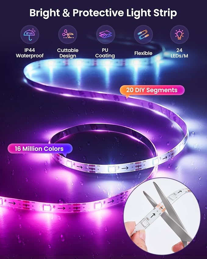 9.84ft LED Lights for 32-43 Inch TV, RGB+IC TV Lights Backlight Strip Behind, with 44 Scene Modes, Bluetooth APP and Voice Control, Music Sync Smart Ambient Lighting for Gaming, Bedroom, Living Room