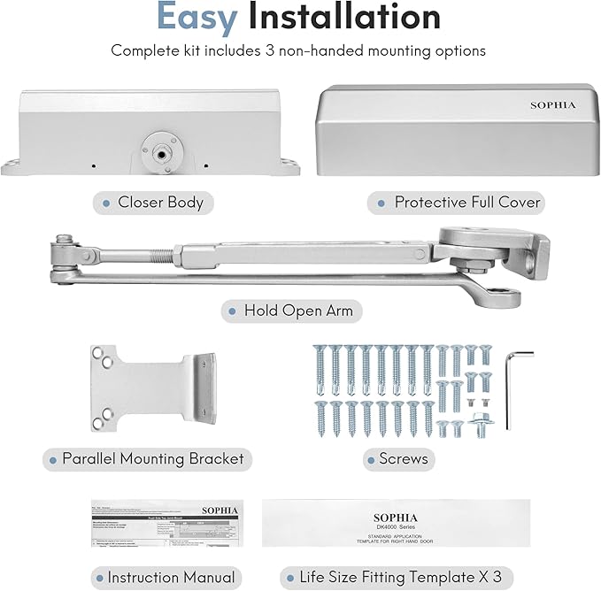Sophia Commercial Door Closer with Hold Open DK4000, Silver