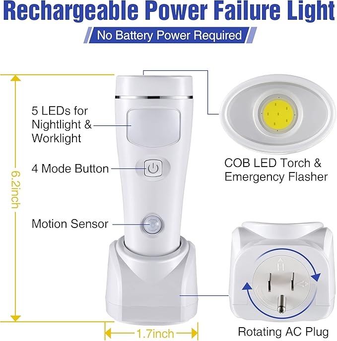 Enhon 6 Pack 4 in 1 LED Emergency Lights for Home Power Failure, Rechargeable Plug in Flashlight Motion Sensor Night Light, Automatic Turn On Power Outage Light for Home Hurricane Supplies (White)