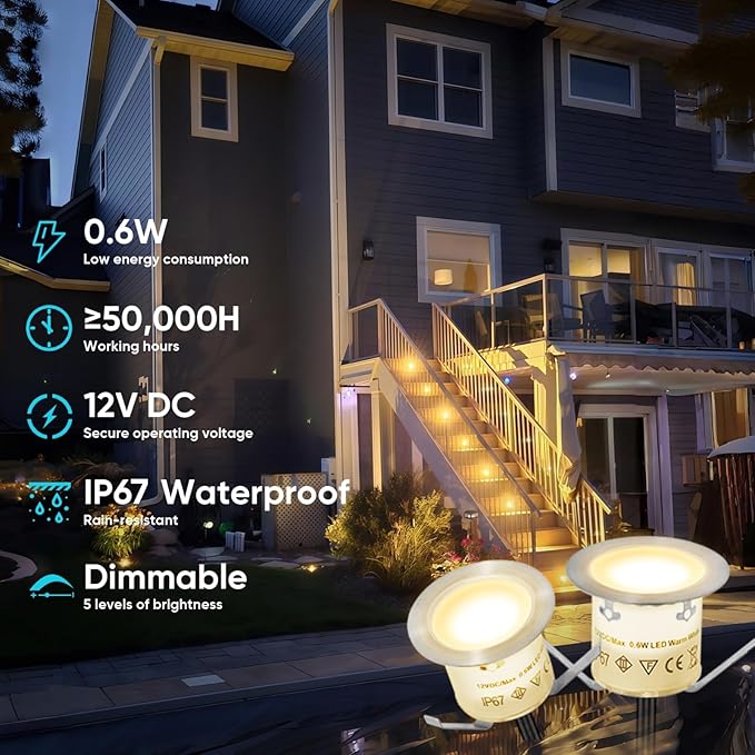 Recessed Deck Stair Lighting with Timer Photocell Sensor Transformer, Dimmable, Low Voltage LED Step Riser Lights IP67 Waterproof φ1.26 12V Warm White Patio Kit Decorations, 16 Pack