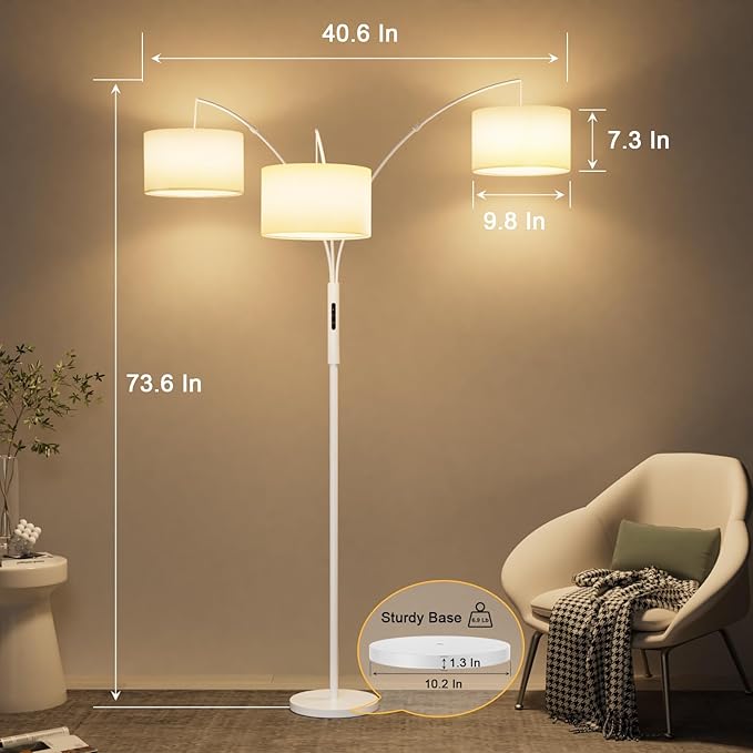 36W Dimmable Floor Lamp - 3 Lights Arc Floor Lamps Standing Lamp with Remote & Touch Control, Tall Lamp for Living Room Corner, Bedroom, Office