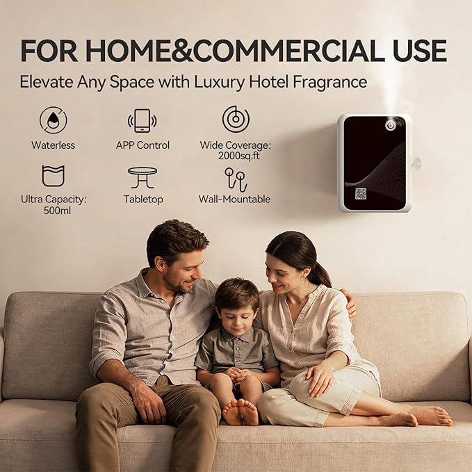 Waterless Essential Oil Diffuser-500ml Large Capacity,Smart App Control,Timer Function,Low Noise for Large Room up to 2000 sq.ft,for Home,Office,Hotel,Black-White Combo