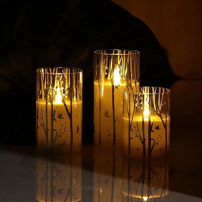 Rhytsing Birch Design Glass Battery Operated LED Candles with Timer, Flameless Pillar Candles Spring & Summer Decor- Include 6 Batteries