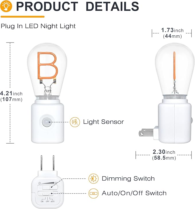 LED Night Lights Plug into Wall, Dimmable Night Light with Motion Sensors, Adjustable Brightness B-Type Nightlights, Warm 2200K, 1-Pack