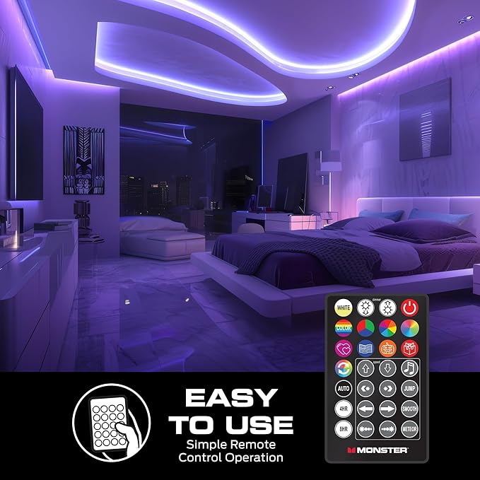 Monster 100ft Sound Reactive LED+IC Strip Lights, RGB Color Changing Music Sync Light Strip with IR Remote Control, Multicolor Ambient Lighting for Bedroom, Gaming Room, TV, Desk & Home Decor