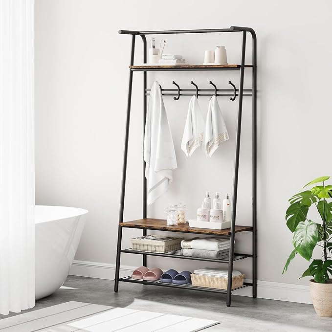 OUTLANE Entryway Hall Tree with 5 Hooks, Shoe Bench & Storage Shelf, Coat Rack Organizer with Wood Accents and Metal Frame for Entryway, Living Room, Bedroom, Rustic Brown-Single row