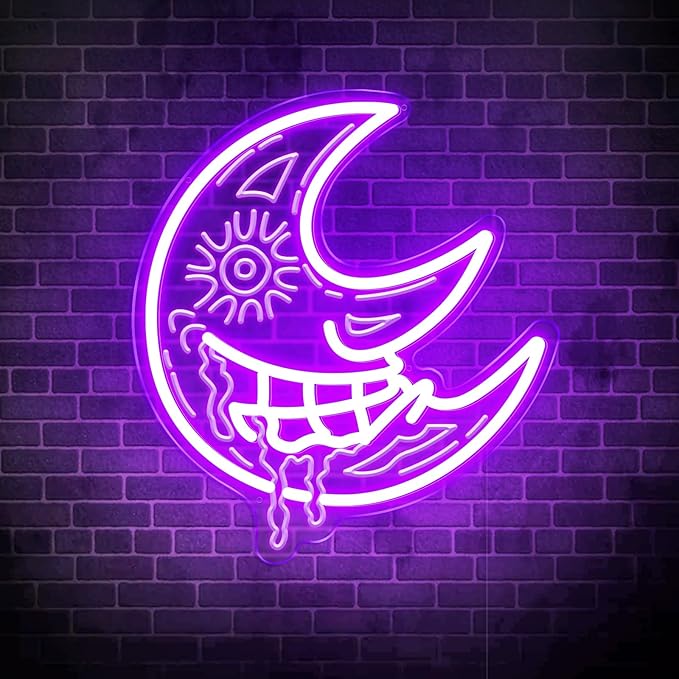 Moon Neon Sign, Purple Scary Devil Drooling Blood Moon Led Sign for Wall Decor with Remote Dimmer, Retro Vintage Psychedelic Mystic Moon Neon Light for Christmas Bedroom Party Gift - 10''