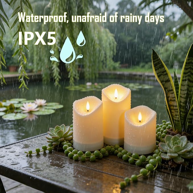 Solar Outdoor Waterproof Flameless Candles - 3 Pack Solar & Battery Operated LED Candles, White (D3.25" x 4"/5"/6" Assorted Heights) for Garden, Patio, Outdoor Decoration