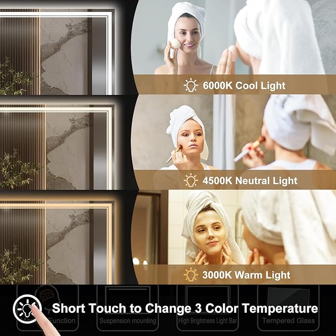 72x40 Inch LED Bathroom Mirror with Frontlit & Backlit（Independent Control）, Lighted Mirror for Bathroom Wall with 3-Color Dimmable & Anti-Fog, Vanity Mirror with Lights