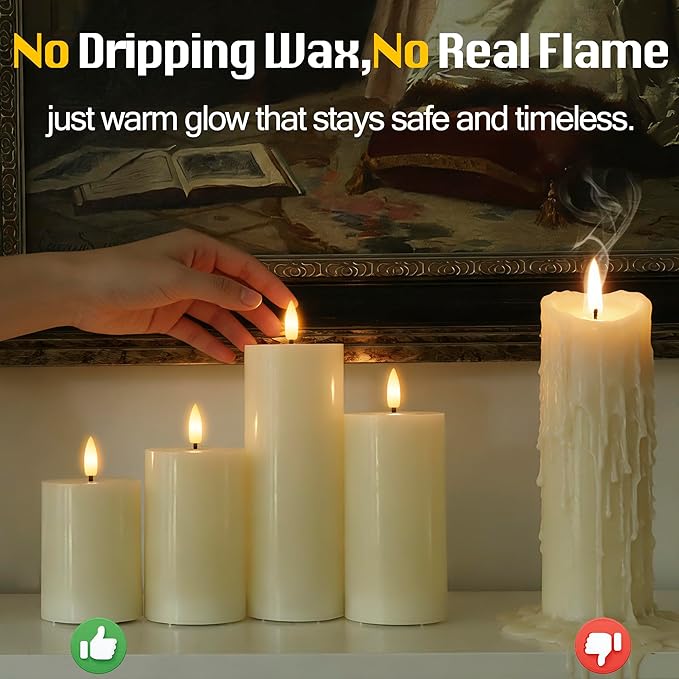 Flameless Pillar Candles with Remote Set of 4, Real Wax LED Battery Operated Candles, Safe Home Décor for Living Room, Bedroom, and Dining Table, Ivory