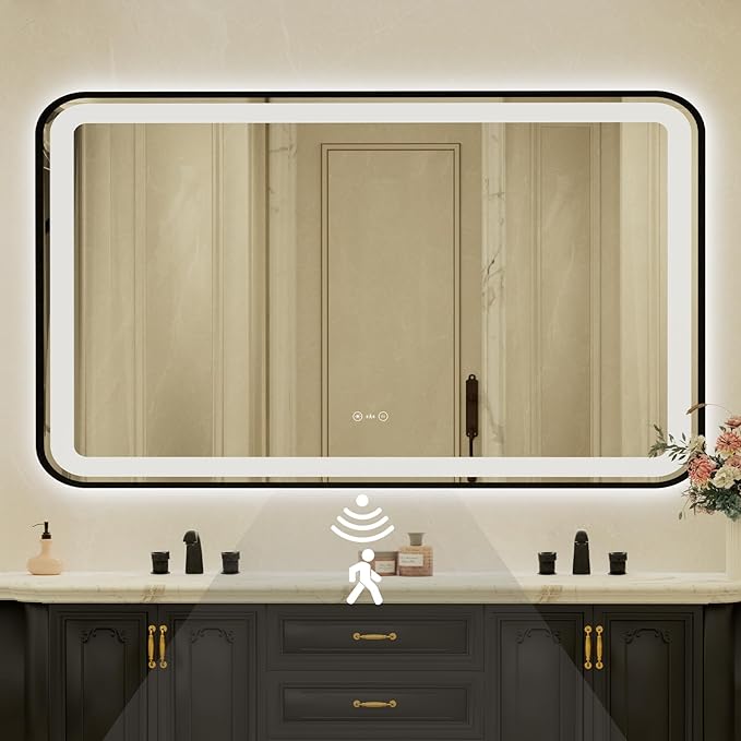 32x55 Inch Black Framed LED Bathroom Mirror with Lights,Smart Bathroom Mirror,Motion Sensor,Tempered Glass,Anti-Fog,Stepless Dimmable & 3 Colors,Memory,Vanity Mirror for Wall
