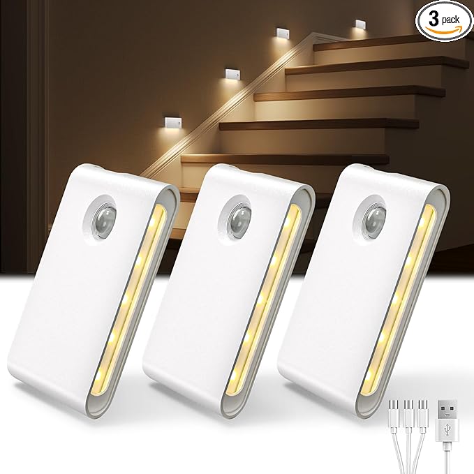 EZVALO 3 Pack Motion Sensor Night Lights, Sync LED Stair Lights Indoor, 1500mAh Rechargeable, Magnetic & Dimmable, 3000K Soft White, Portable Nightlight for Hallway, Stairs, Bathroom, Bedroom