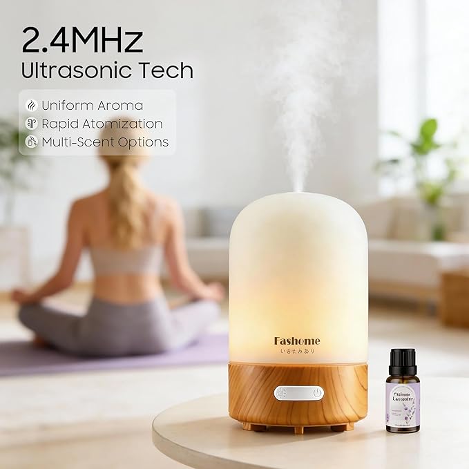 Essential Oil Diffuser Hand Blown Glass, 100ml Small Aromatherapy Diffuser, Auto Shut-Off Function, Ultrasonic Diffusers for Essential Oils, Cool Mist Humidifier with Warm White Lights（White）
