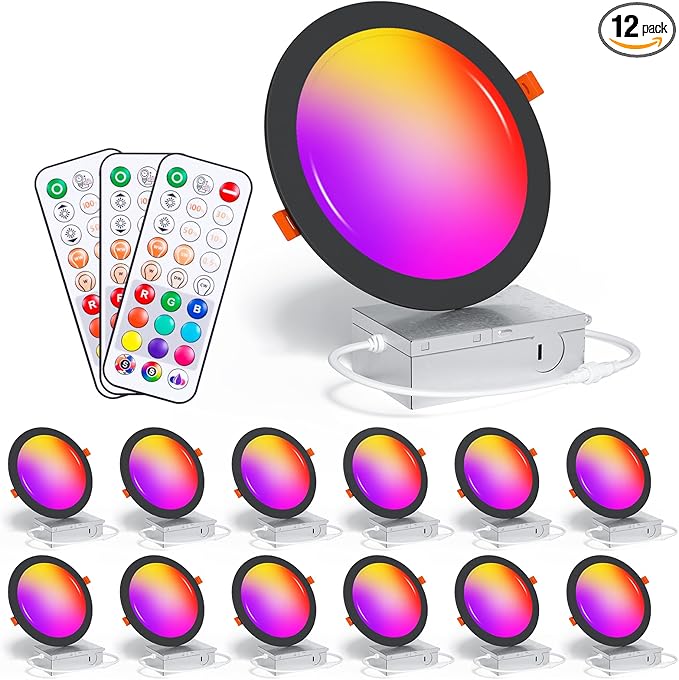 Recessed Lighting 6 Inch Black Color Changing Canless LED Recessed Ceiling Light with Junction Box,16W 1350LM LED Downlight Dimmable by Remote Control, Memory, 3 Modes, Delayed Light Off, 12Pack