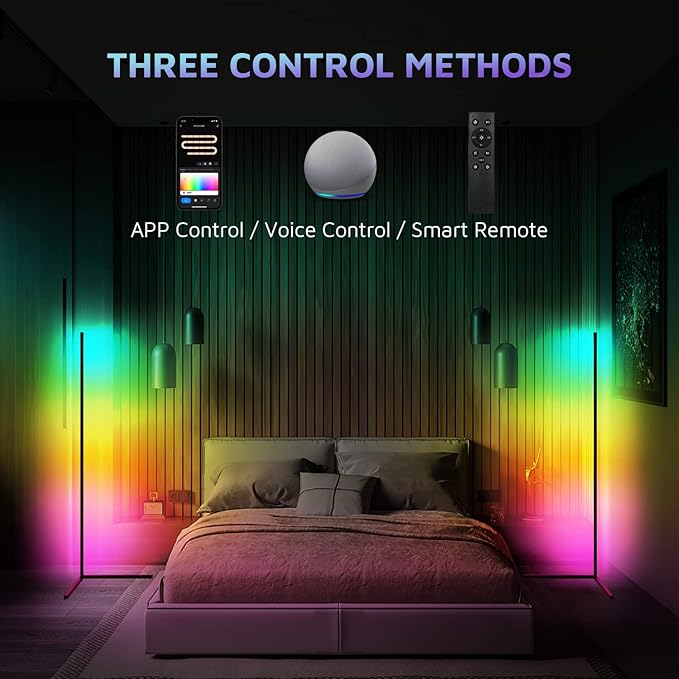 RGBWW Corner Lamp, Color Changing Floor Lamps for Living Room, Compatible with Alexa, Google Home, WiFi APP Remote Control, 2700k-6500k Smart LED 61" Tall Standing Lamp for Bedroom Game Room
