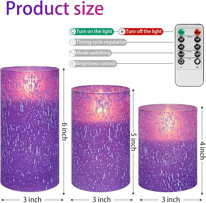 Mingfuxin Purple Flameless Candles with Remote, Set of 3 Indoor Halloween Candles Battery Operated, LED Fake Candles for Bedroom Home Wedding Tabletop Fall Decor