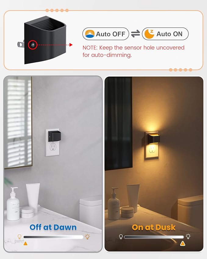 NIORSUN Night Lights Plug Into Wall, Auto Brightness Sensor Night Light, 3000K Warm White, Ultra-Slim Wall Light for Hallway Bathroom Bedroom Stairs, Black, 8 Pack