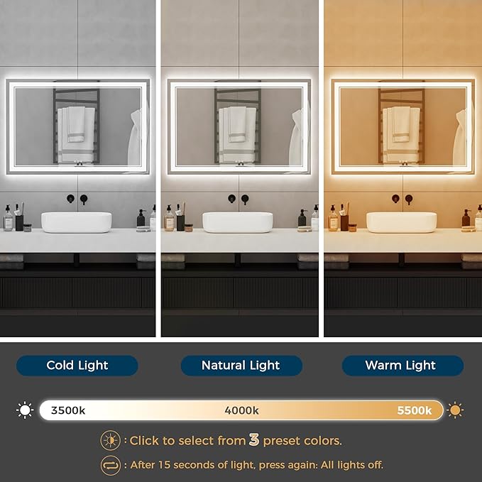 48"x32" LED Bathroom Mirror, Front Smart Mirror, LED Mirror for Bathroom with 3 Colors, Vanity Mirror with Lights, Anti-Fog Wall Mounted, Dimmable Touch Switch Control, Memory