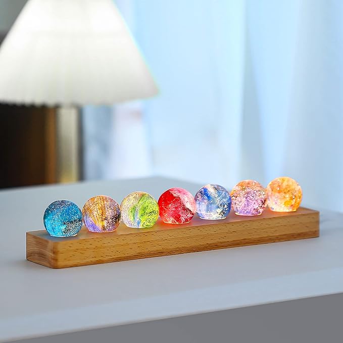 Movdyka 7 Colorful Glass Crystal Ball Desk ecorations Chakra Healing Stones Spheres with LED Wooden Stand, Quartz Crystal Meditation Night Light, Positive Energy Decor Gifts for Him Her -1.57"(40mm)