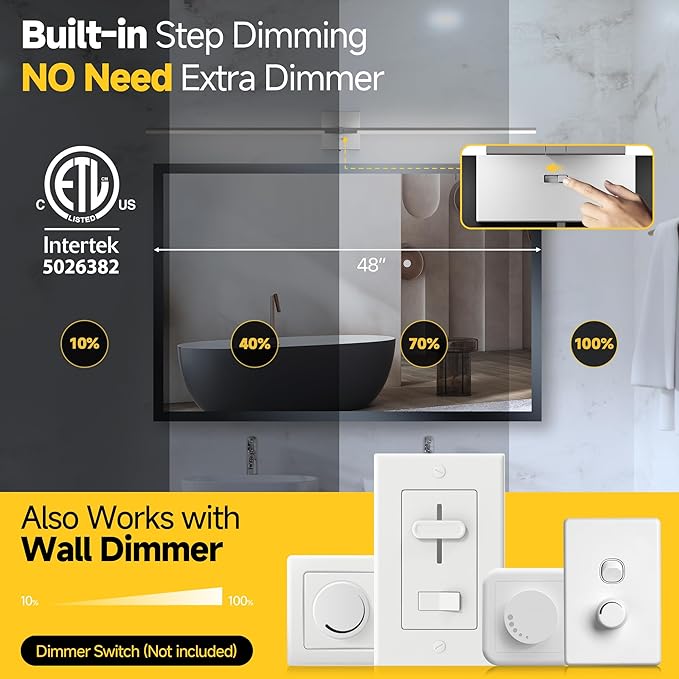Vanity Lights 48 inch, 4-Level Brightness Built-in Dimmer, 28W Dimmable 5CCT Bathroom Light Fixtures Over Mirror, Baked Matte Grey Vanity Lights for Bathroom Mirror Cabinets Bedroom-FCC ETL