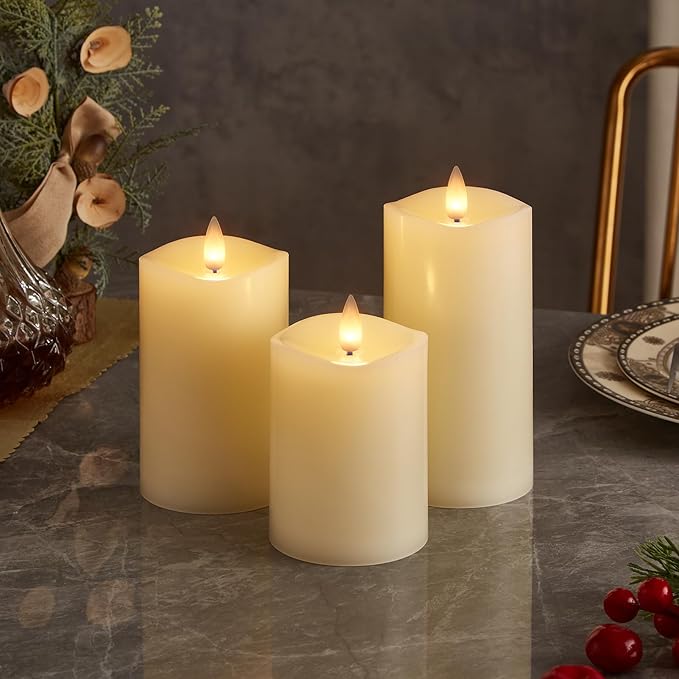 Flameless Pillar Candles Flickering with Remote Timer, Battery Operated LED Candles Up to 400 Hours, 3D Moving Flame Real Wax Candles. (Ivory Melted Top)