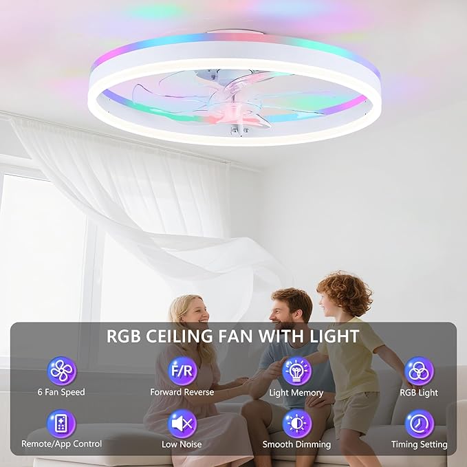 STERREN RGB Ceiling Fans with Lights, 20'' Smart LED Ceiling Fan with Remote/APP Control, Modern Low Profile Bladeless Chandelier Fan, Dimmable White Fandelier for Bedroom, Living Room, Kitchen