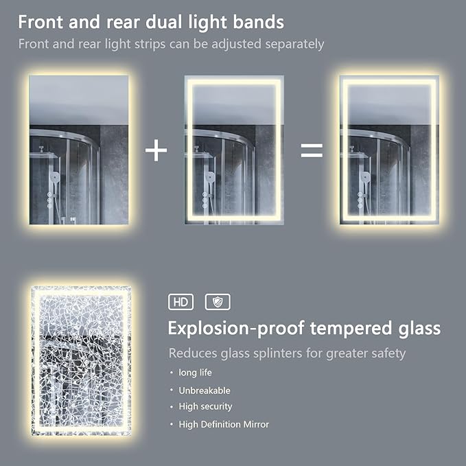 Led Bathroom Mirror with Light 24"x36" Frameless Lighted Vanity Mirror Wall Mount, Fogless, 3 Color Mode, Stepless Dimmable Front Light and Backlit, Smart Touch Sensor, Tempered Glass