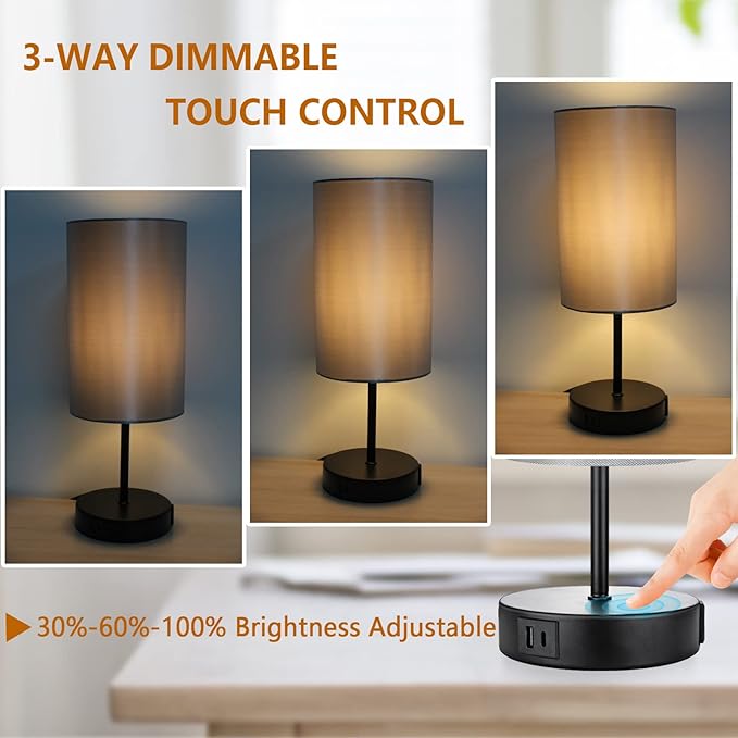 HiBay 17.75" Touch Bedside Table Lamp with USB Charging Ports & AC Outlet, Industrial Black 3-Way Dimmable LED Nightstand Light with Silver-Gray Shade for Bedroom Office Living Room Dorm Decor