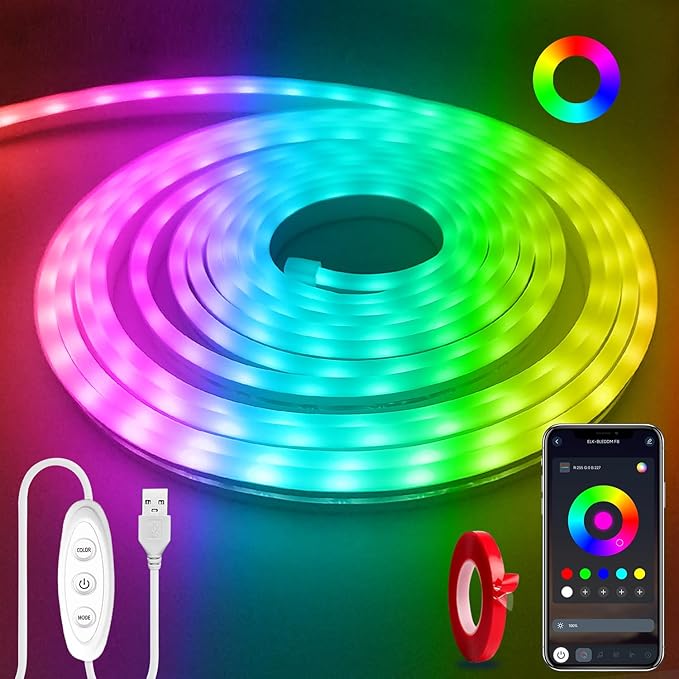 Neon Rope Lights，16.4ft RGB LED Strip Lights with App Control,Music Sync Flexible DIY Design,5V USB Powered Neon Lights for Bedroom,Gaming,and Party Decoration(with Adhesive Backing)