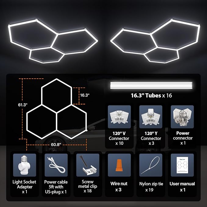 Hexagon Garage Lights, 3-HEX Updated Bigger Size, 19200lm Super Bright Car Detailing Ceiling, Led Hexagon Lights, Honeycomb Lights for Detailing, Home Gym, DIY Workspace, Basement Garage